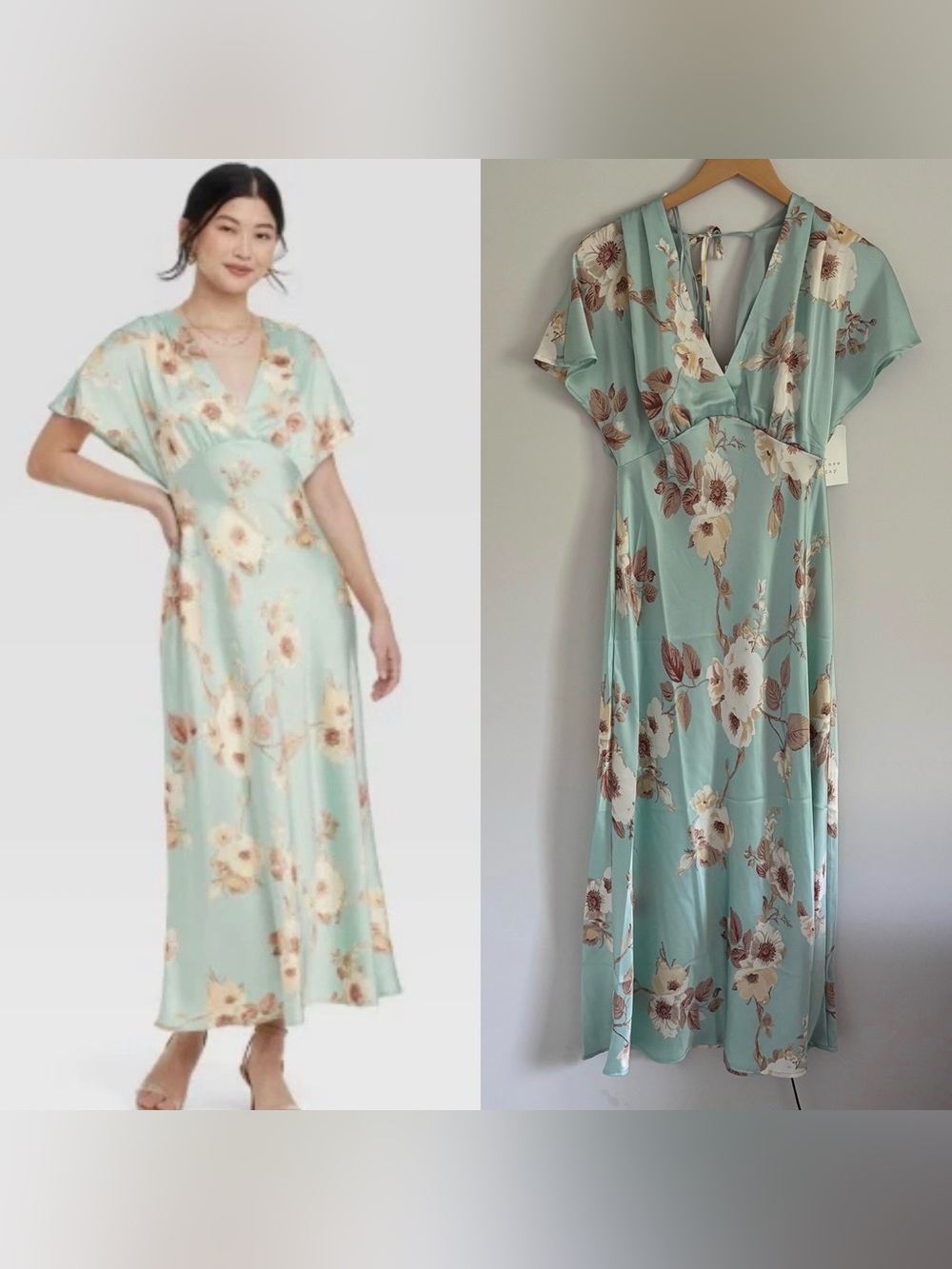 A New Day Satin Flutter Sleeve Floral Maxi A-line Dress in Mint XS/S NEW